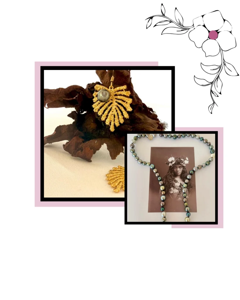 Bijoux en perles de Tahiti présentés dans une composition artisanale